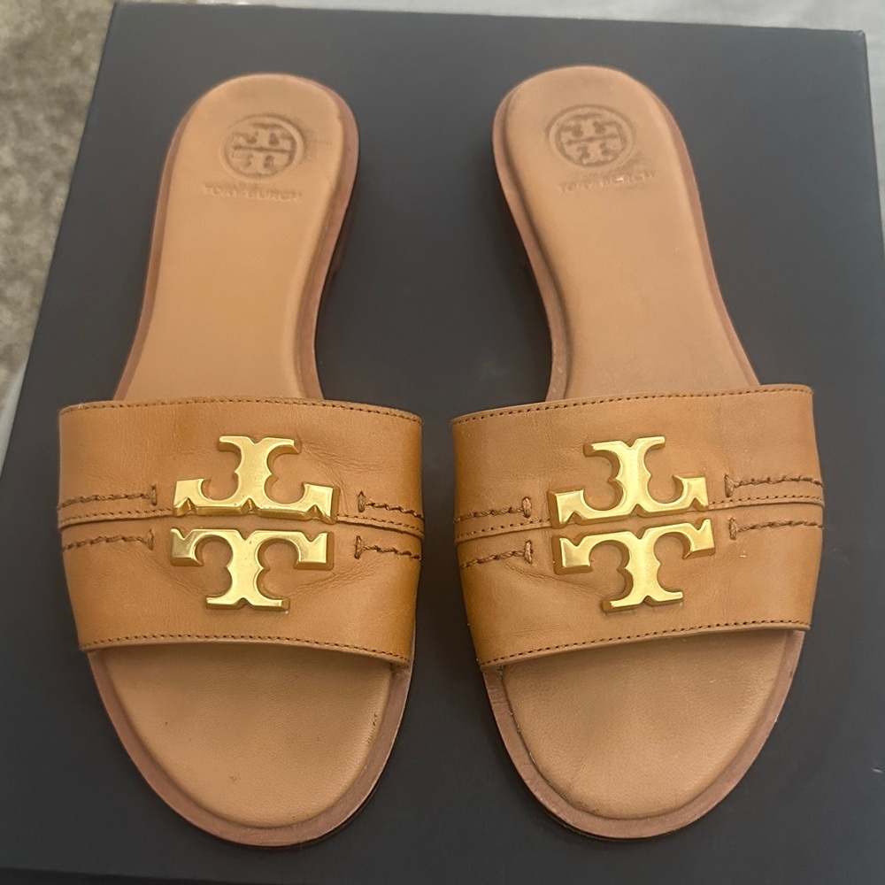 Tory Burch Tan Slides with Gold Emblem